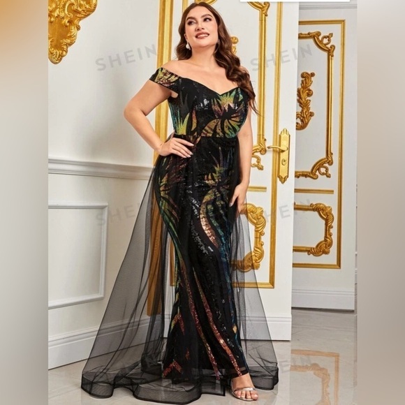 NWOT Off Shoulder Mesh Overlay Sequin Formal Gown - Picture 7 of 7